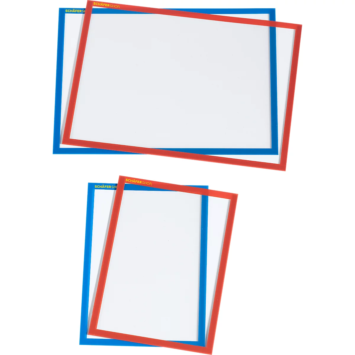 Mehrere transparente Rahmen mit roten und blauen Rändern liegen übereinander.