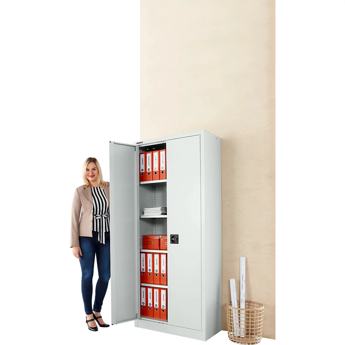 Schäfer Shop Pure materiaalkast, 4 legborden, afsluitbaar, B 950 x D 400 x H 1935 mm, staal, lichtgrijs RAL 7035/ lichtgrijs RAL 7035