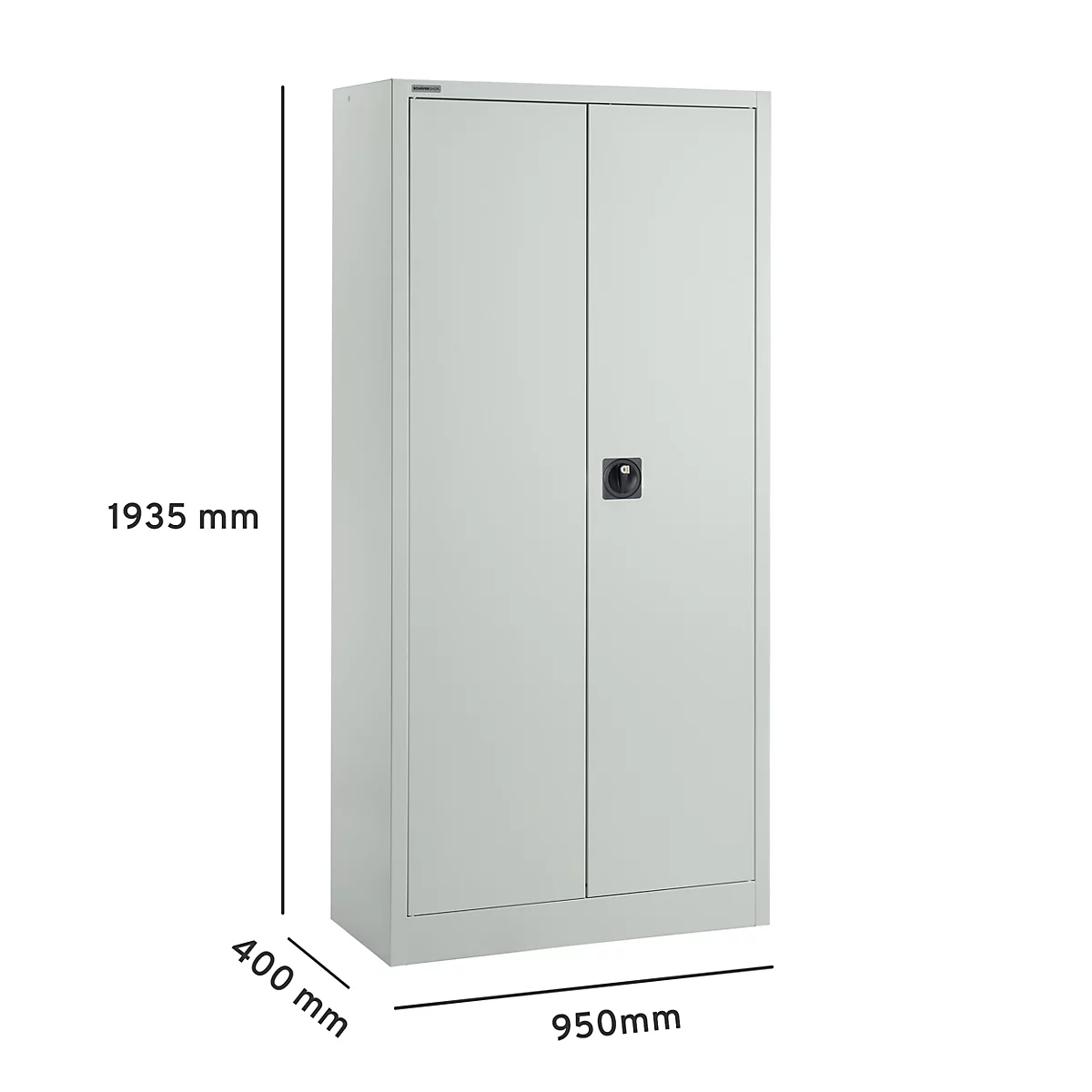 Ein grauer Stahlschrank mit zwei Türen und einem schwarzen Griff. Maße: 1935 mm x 950 mm x 400 mm.