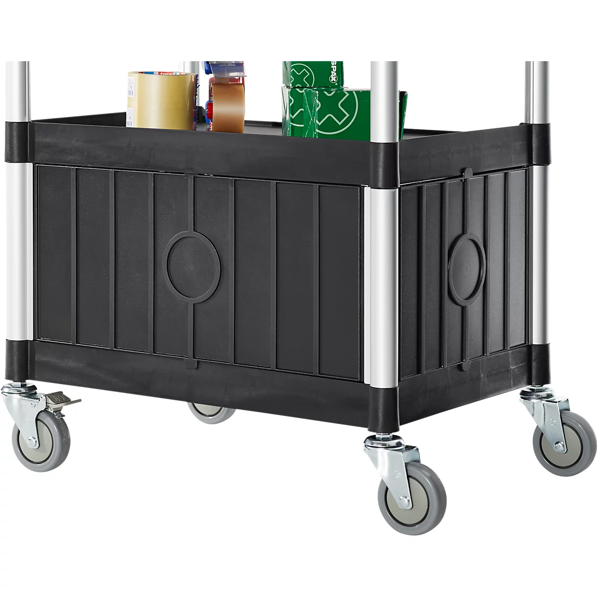 Schäfer Shop Pure Mehrzweckwagen, schwarz, Aluminium/Kunststoff, mit Schublade und Schrank, 4 Vollgummi-Lenkrollen, L 850 x B 480 x H 1000 mm