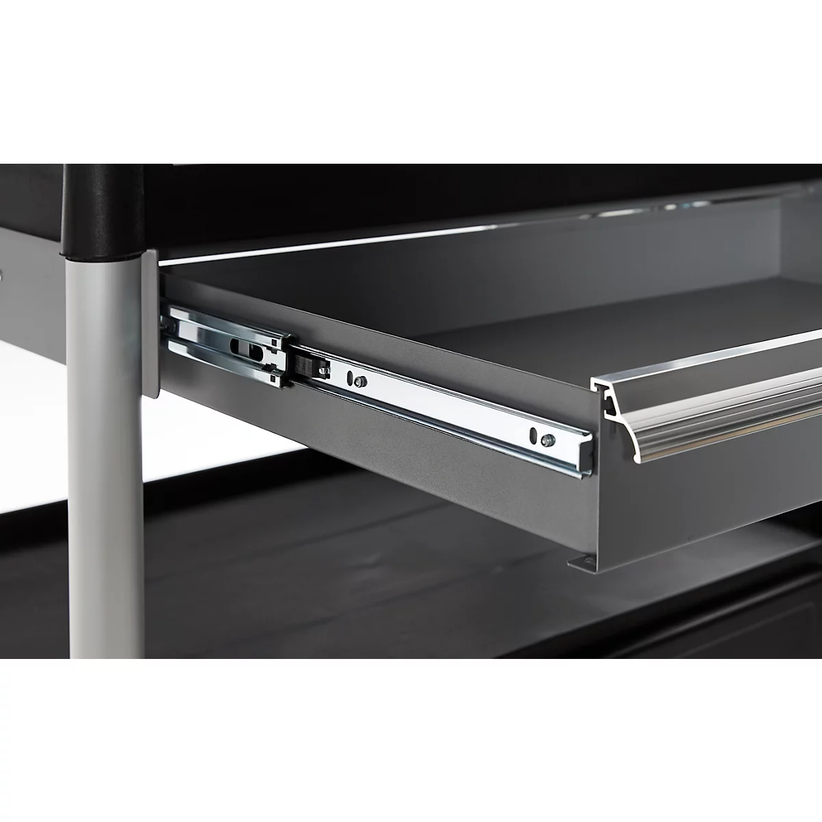 Schäfer Shop Pure Mehrzweckwagen, schwarz, Aluminium/Kunststoff, mit Schublade und Schrank, 4 Vollgummi-Lenkrollen, L 850 x B 480 x H 1000 mm