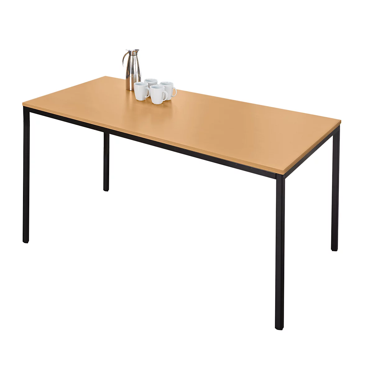 Schäfer Shop Pure Mesa de tubo de acero, trapezoidal, pie de tubo cuadrado, ancho 1600 x fondo 690 x alto 720 mm, haya/negro