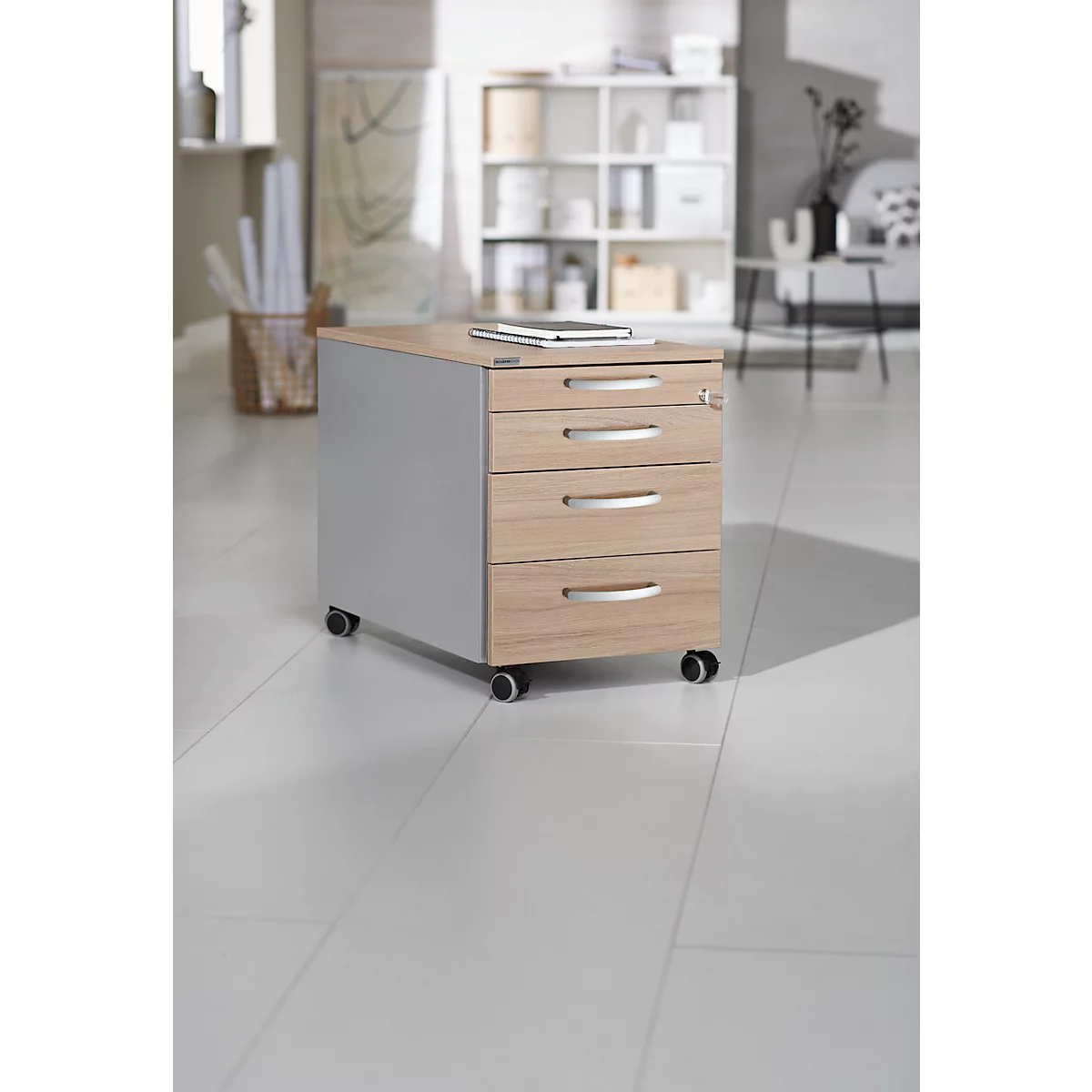 Schäfer Shop Pure mobiele container 1233, 3 laden &amp; 1 lade voor keukengerei, afsluitbaar, ronde handgrepen, B 435 x D 765 x H 577 mm, alu wit/wit/eiken decor