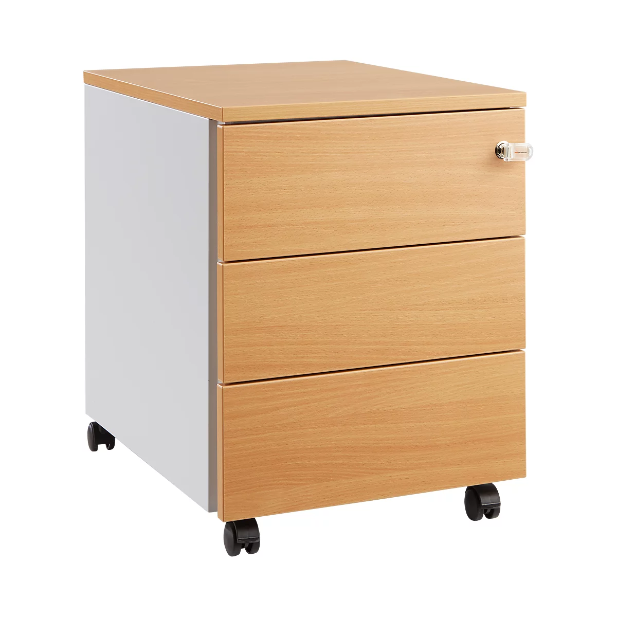 Schäfer Shop Pure mobiele sokkel 333, stalen body, houten front, wielen, afsluitbaar, B 435 x D 565 x H 567 mm, 3 laden, beuken/wit aluminium