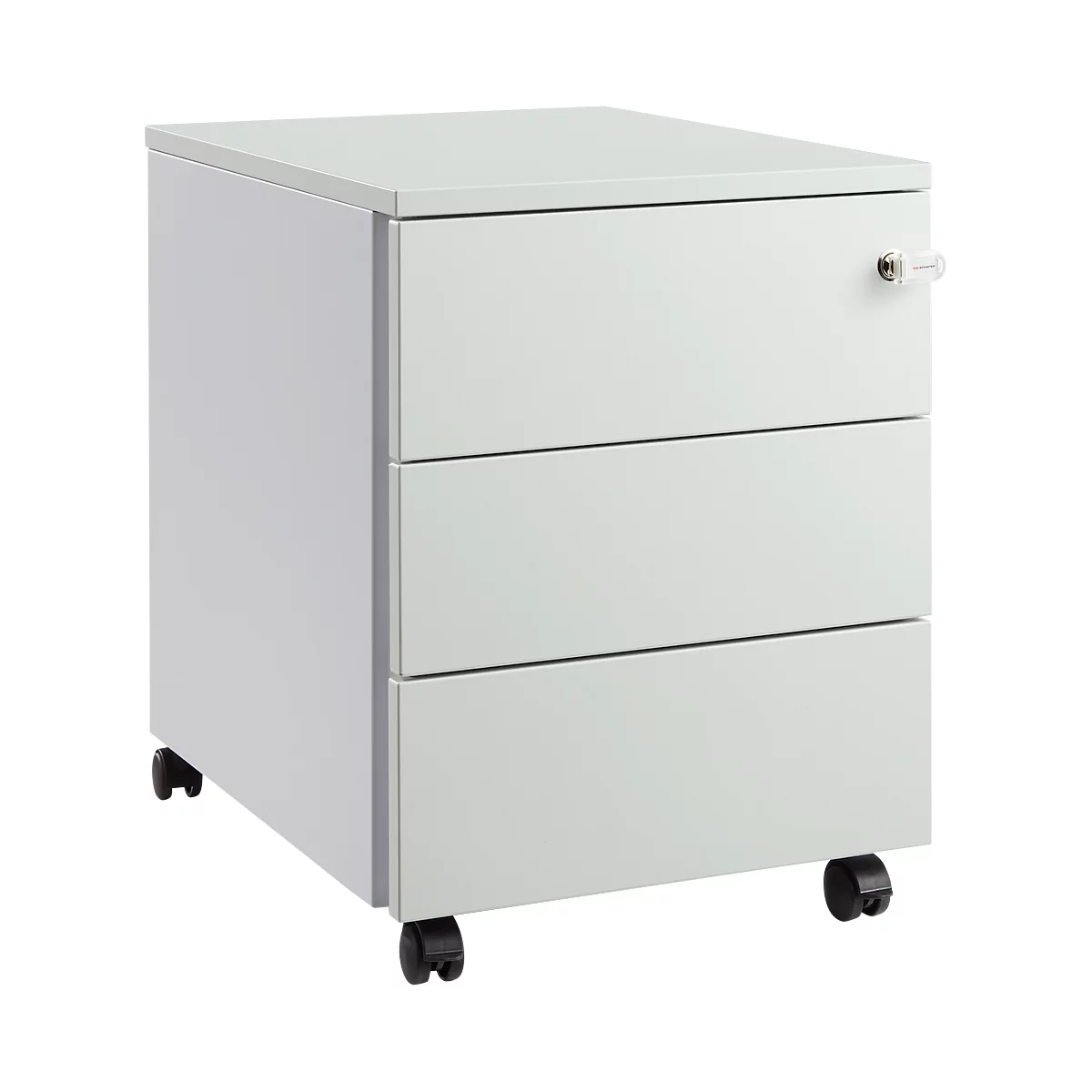 Schäfer Shop Pure mobiele sokkel 333, stalen body, houten front, wielen, afsluitbaar, B 435 x D 565 x H 567 mm, 3 laden, lichtgrijs/wit aluminium