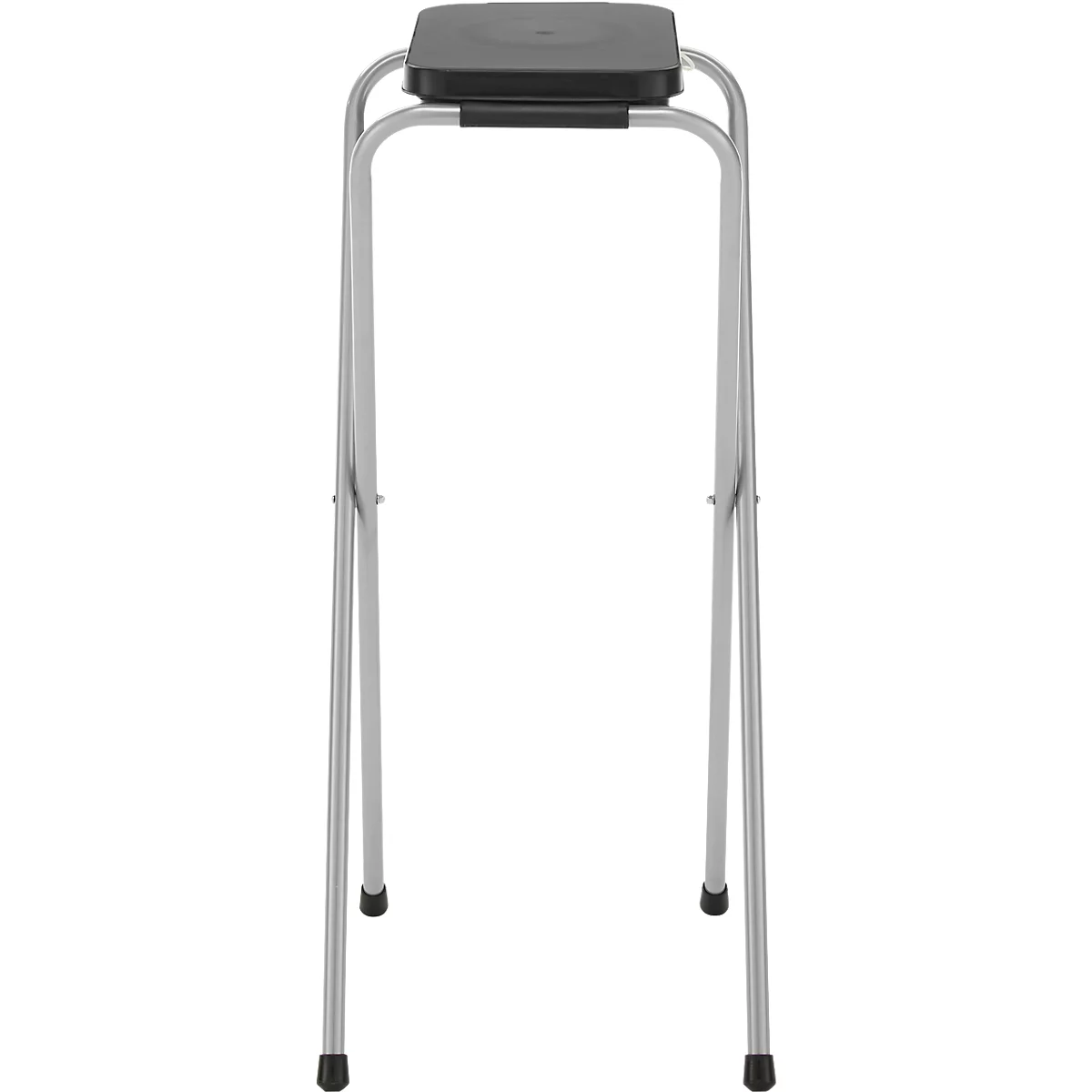 Ein schwarzer Hocker mit silbernen Beinen. Die Sitzfläche ist quadratisch und die Beine sind aus Metall.