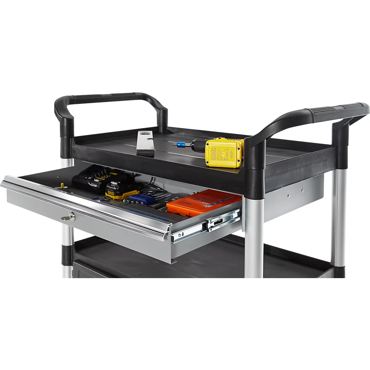 Schäfer Shop Pure multifunctionele wagen, zwart, aluminium/kunststof, met lade en kast, 4 massief rubberen zwenkwielen, L 850 x B 480 x H 1000 mm
