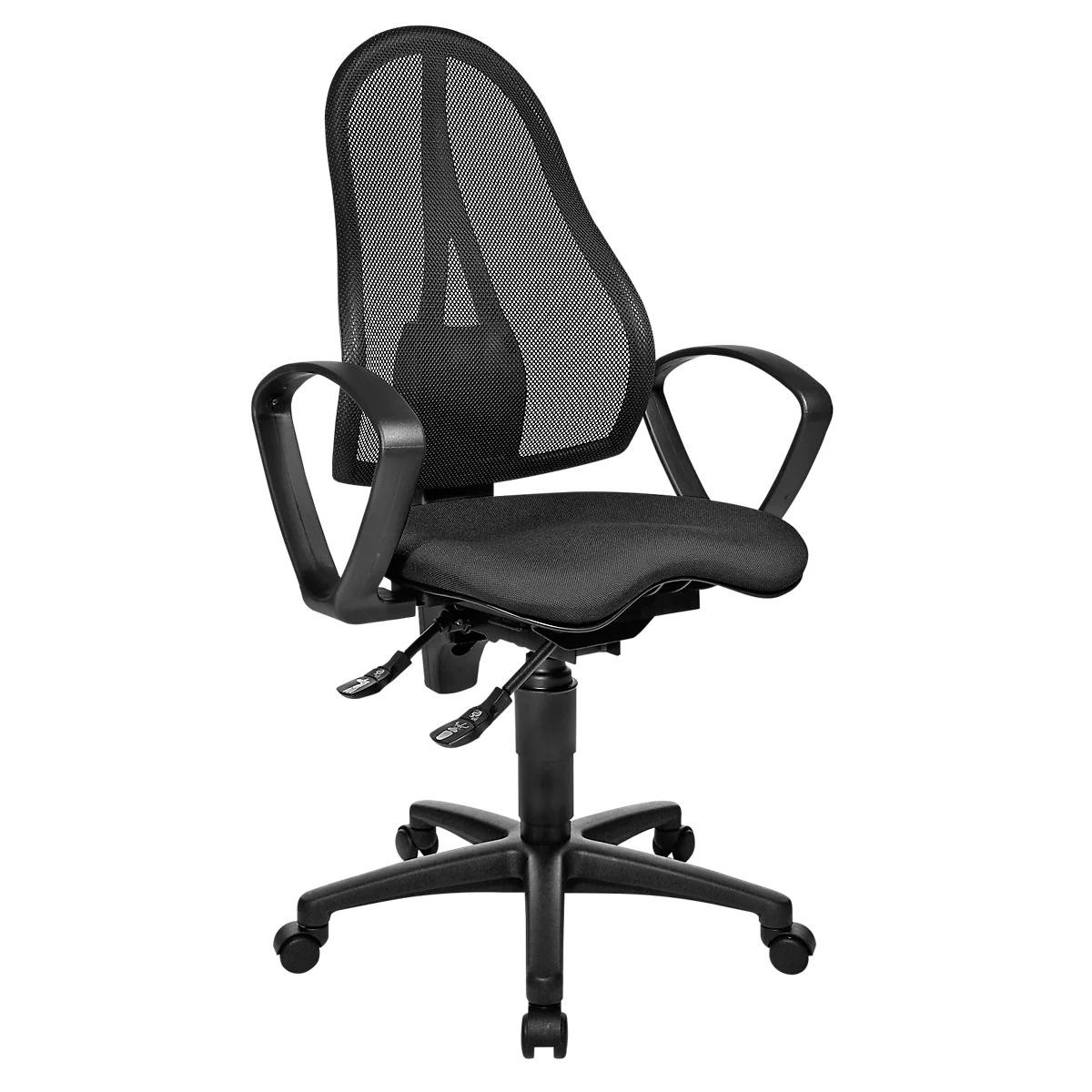Black office chair with mesh back, armrests and castors.