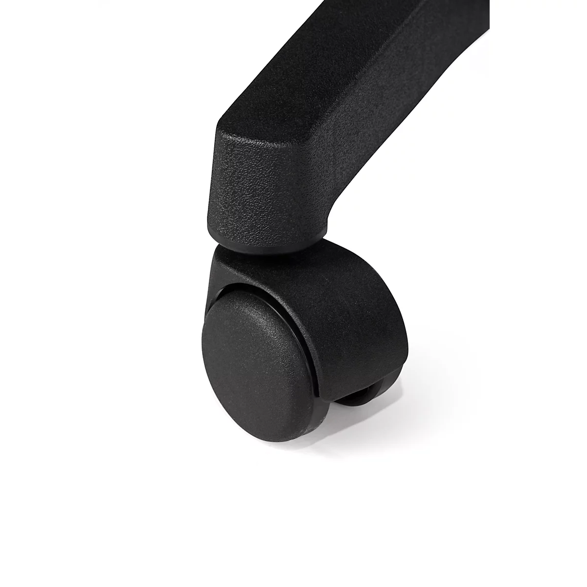 Detail of a black chair leg with a rounded, black wheel against a white background.