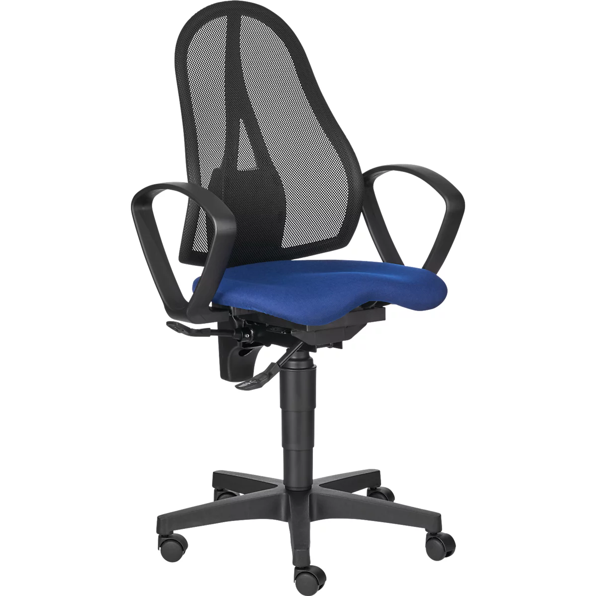 Office chair: Black frame, mesh back, blue seat. The armrests are curved, the base has castors.