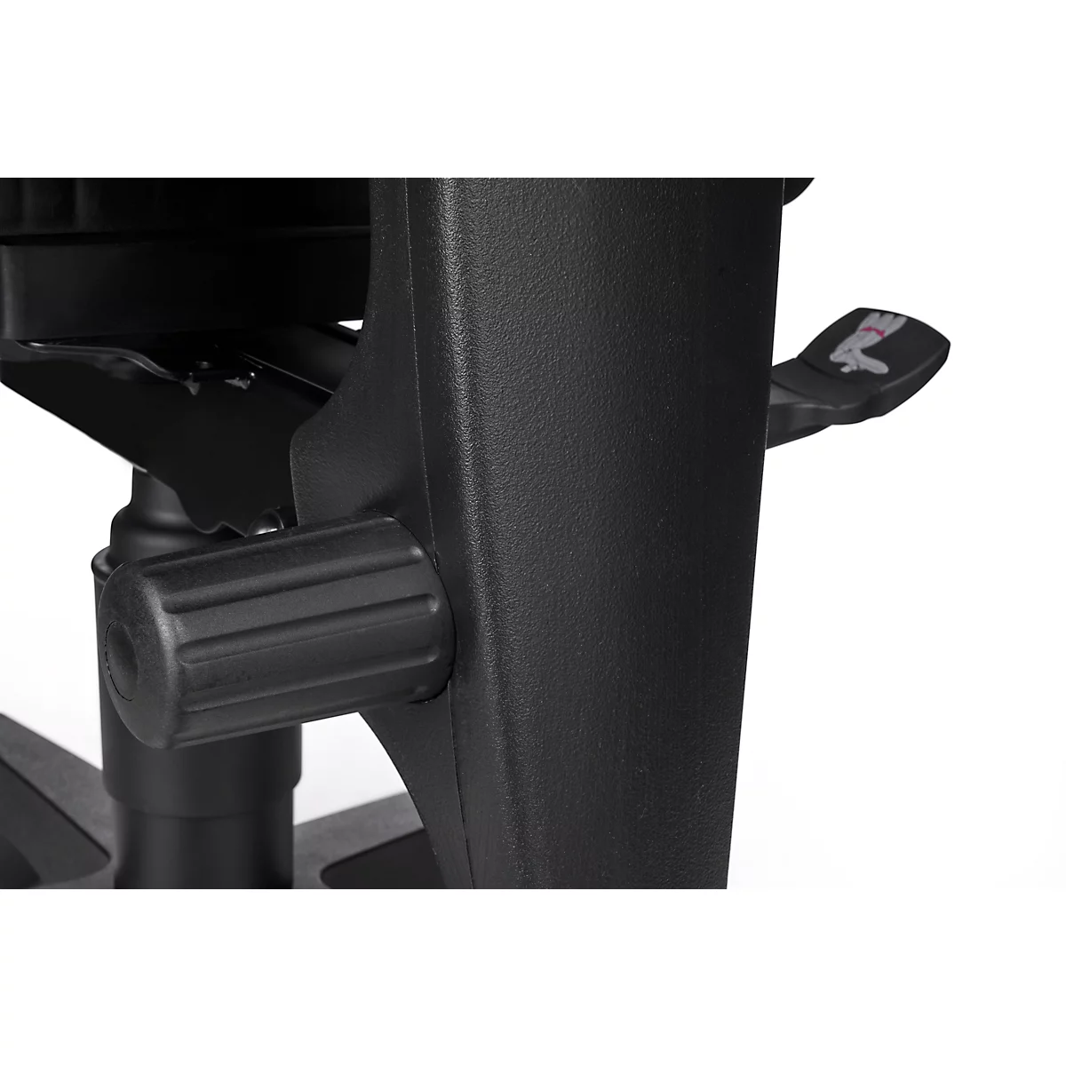 Close-up of a black office chair. The focus is on the controls, such as a knob and a lever with a symbol.
