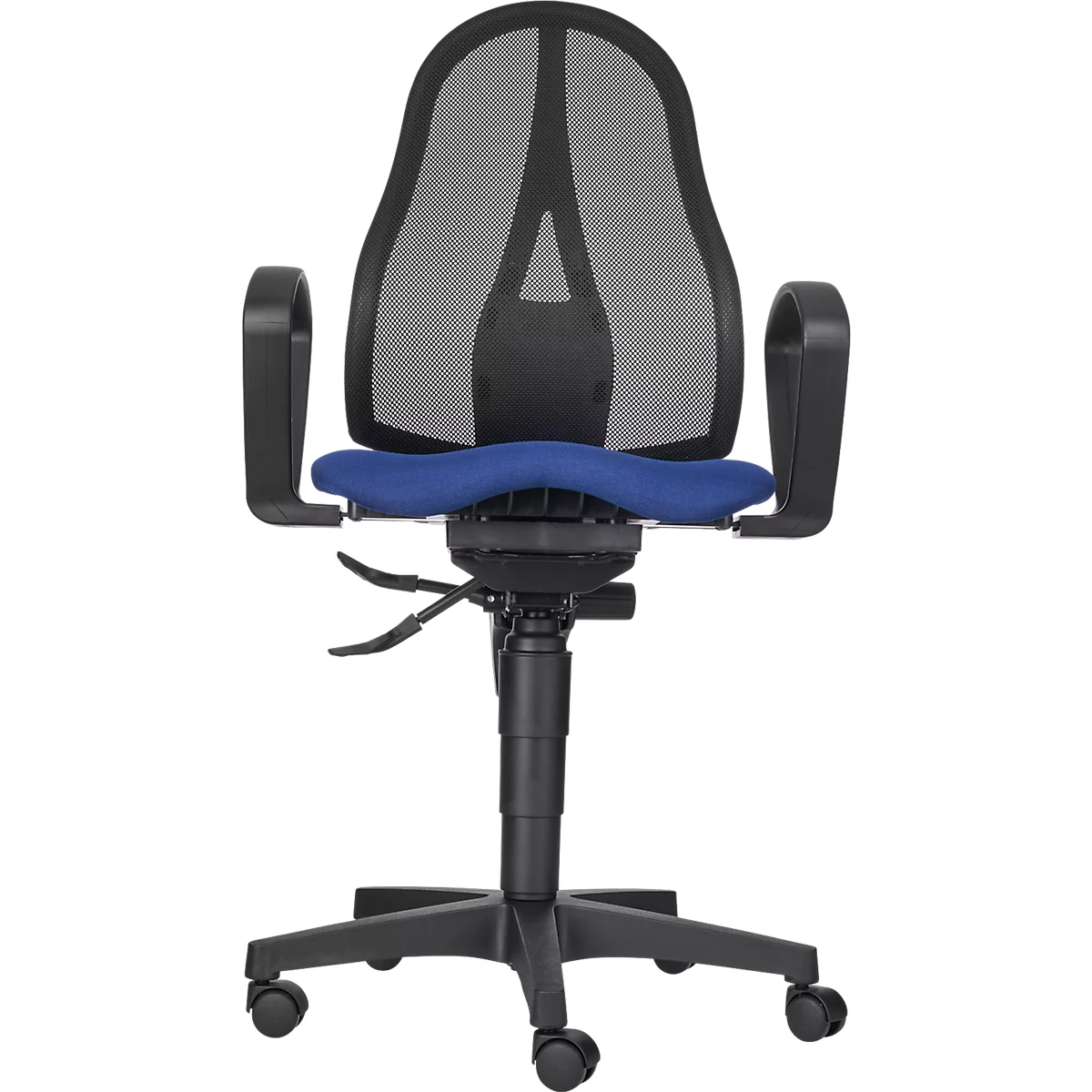 Office chair, black frame, blue seat, gray mesh backrest, armrests.