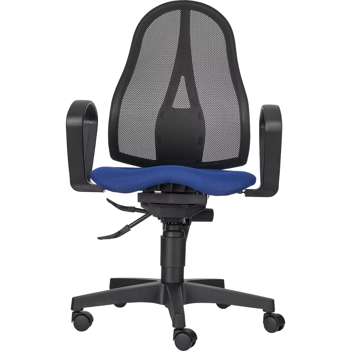 Office chair with black mesh back, blue seat, and black armrests. Rolling base.