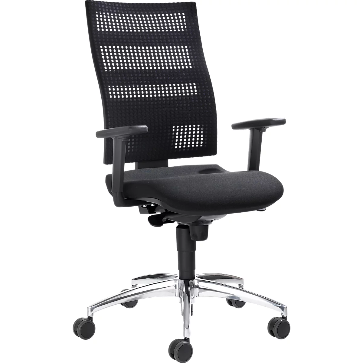 Black office chair with mesh back and armrests. On castors. Front view, against a white background.