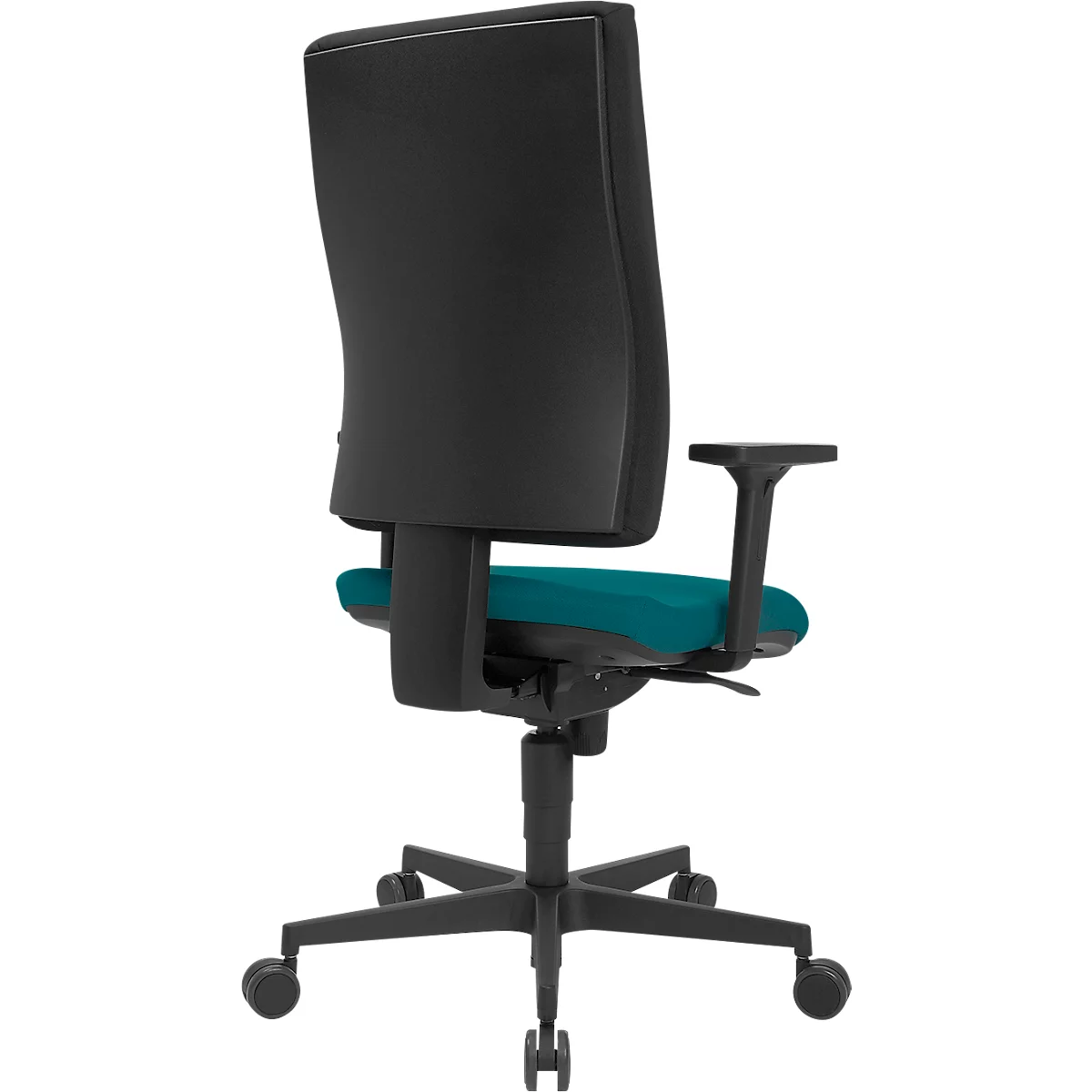 Office chair from the back, with black backrest and teal seat. On castors.