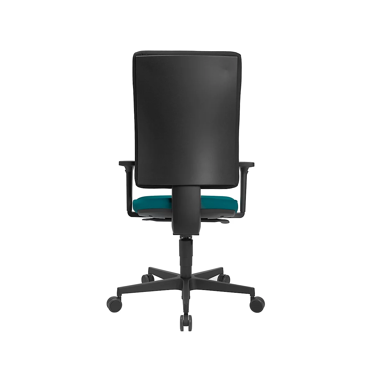 Back view of a black office chair with turquoise seat against a white background.