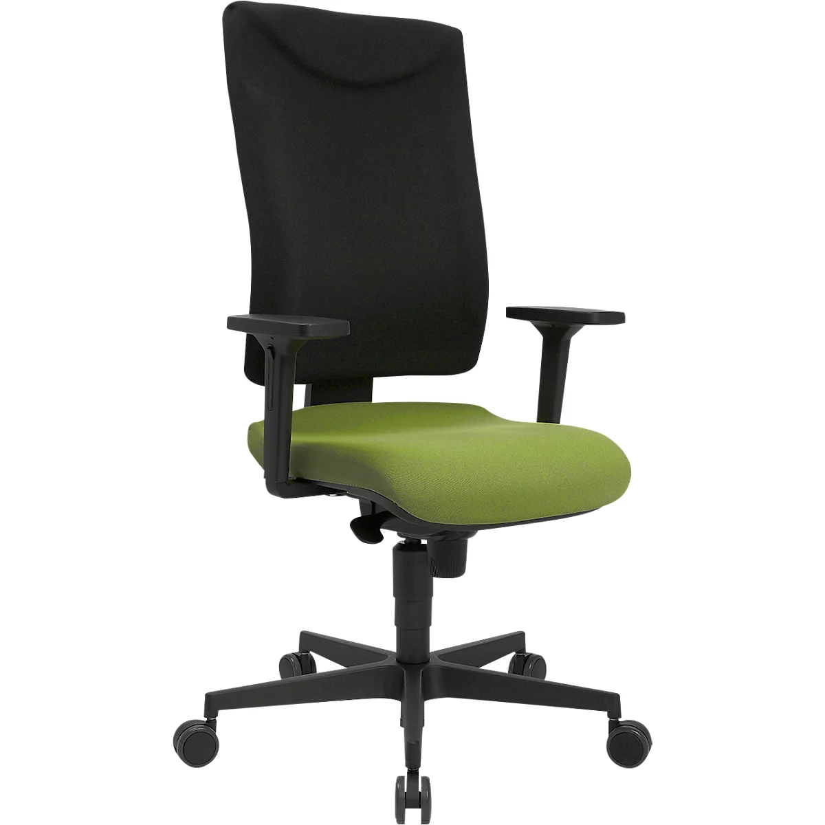 Office chair: Black backrest, green seat, armrests. Black frame with wheels.