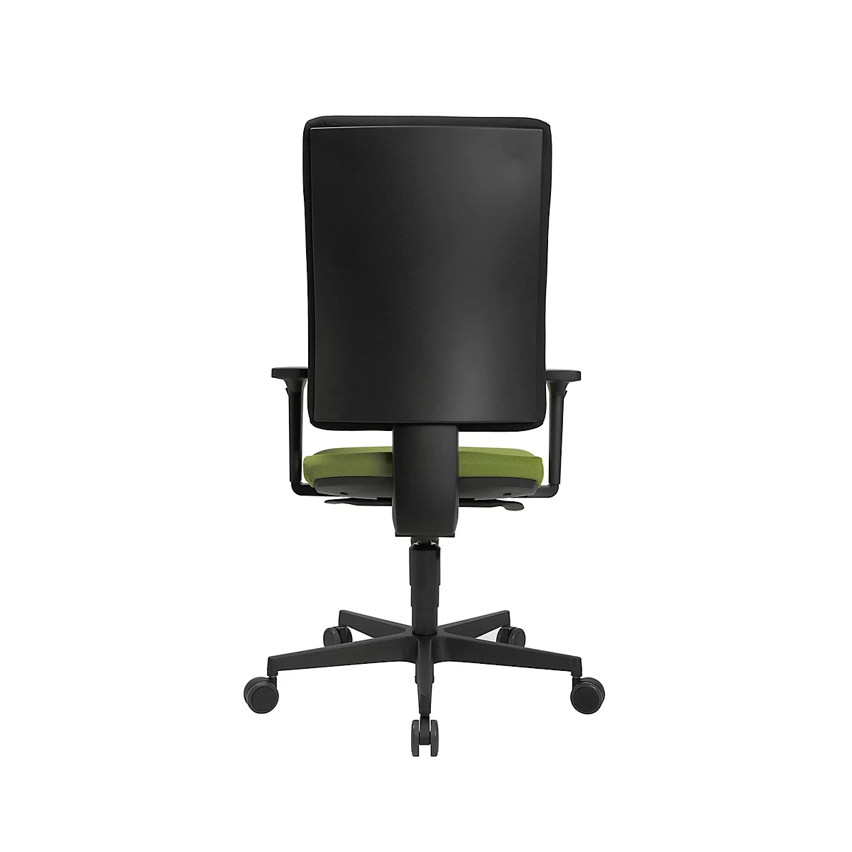 Black office chair, back view, green seat, casters.