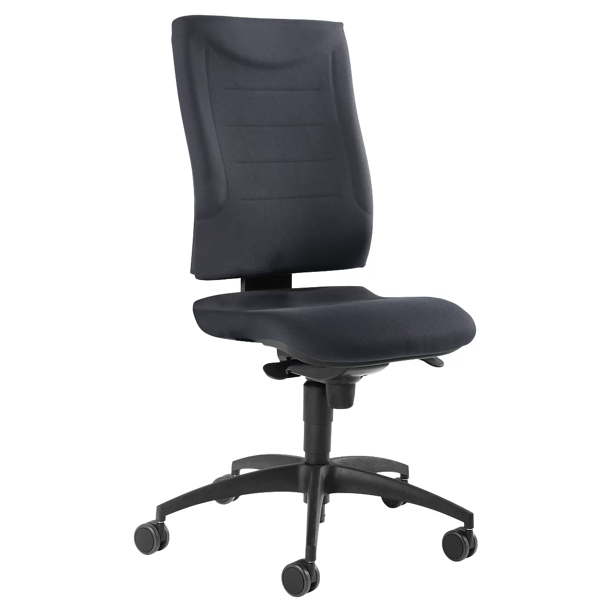 Black office chair with backrest, seat and castors. The chair is made of fabric and designed for use in the office.