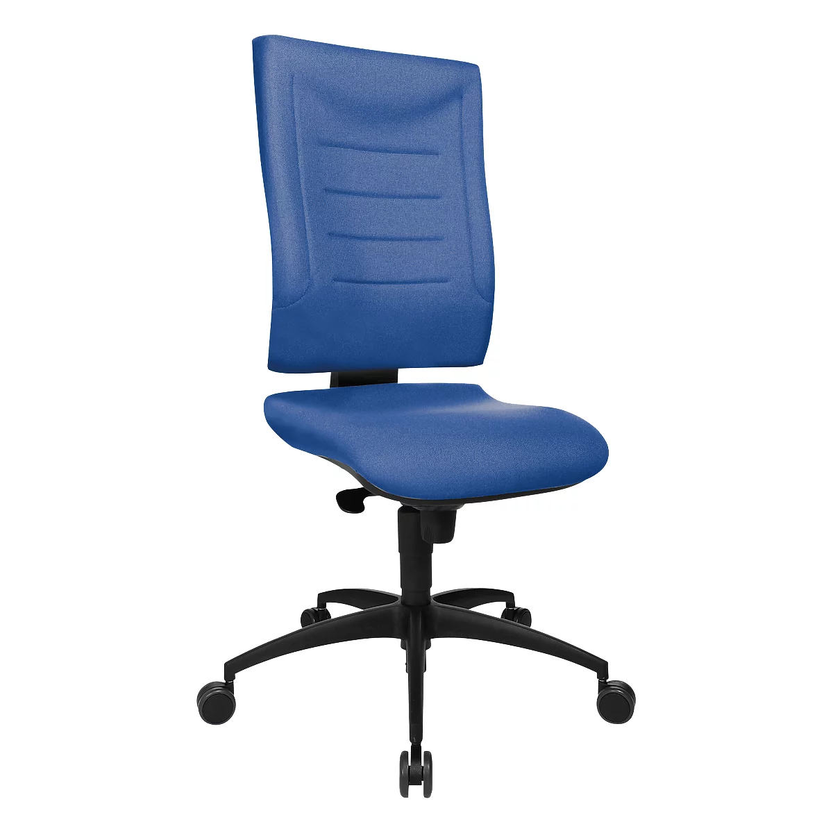 Blue office chair with black frame and castors. The chair has an ergonomic shape and a structured backrest.