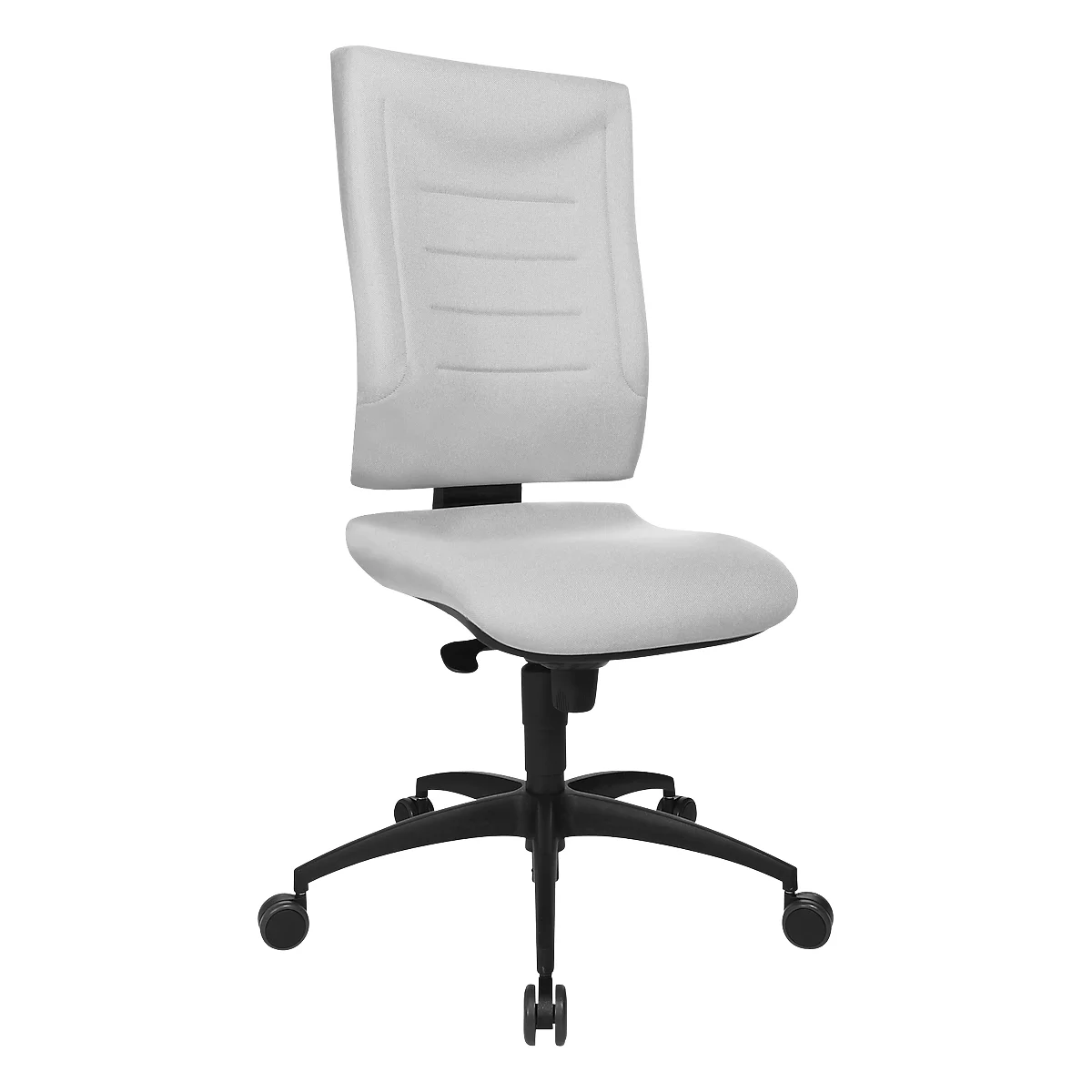 White office chair with backrest, seat, and black frame with casters.