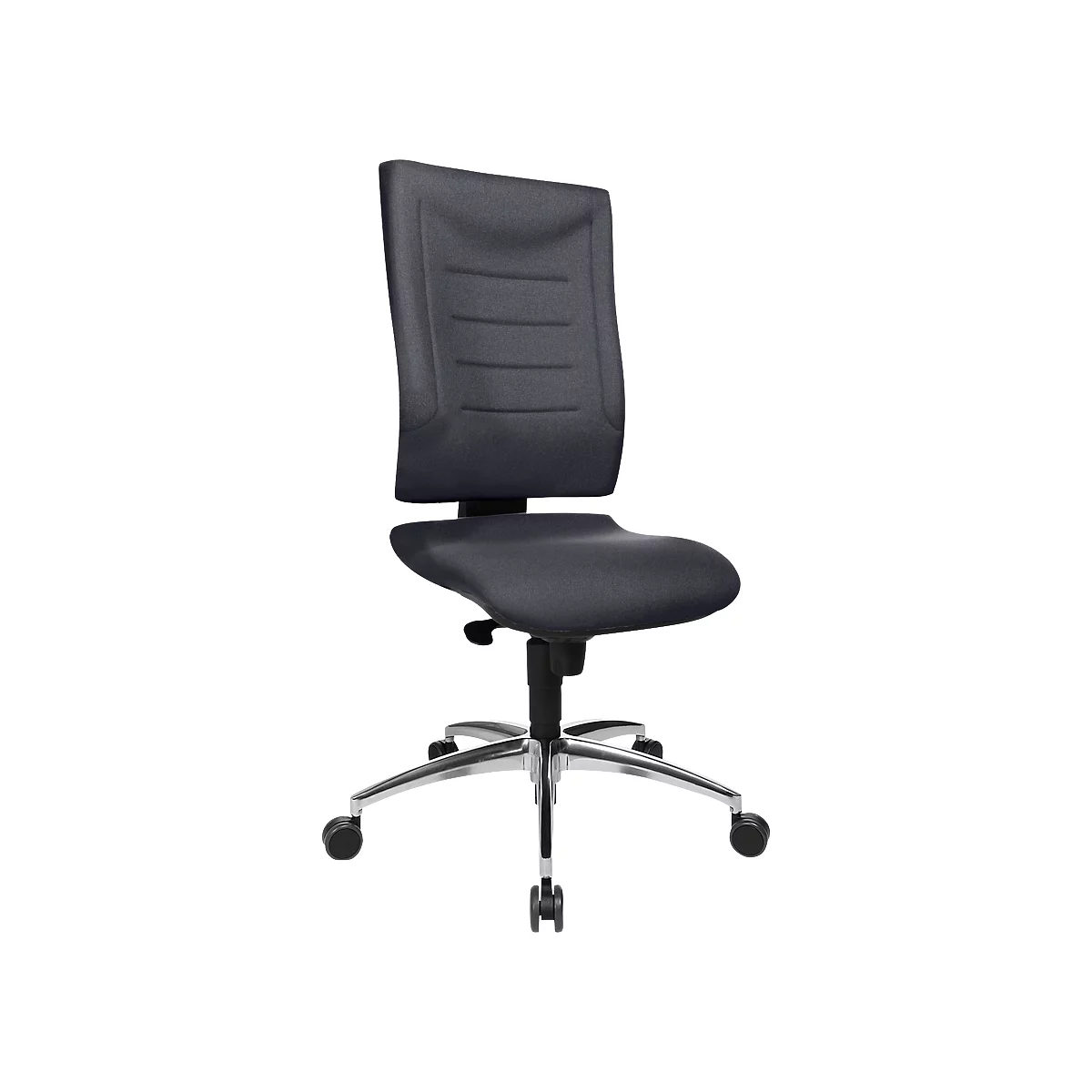 Black office chair, ergonomically shaped, with five castors and chrome base.