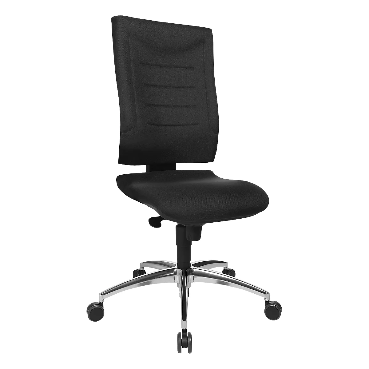Black office chair with backrest, seat and chrome roller feet.