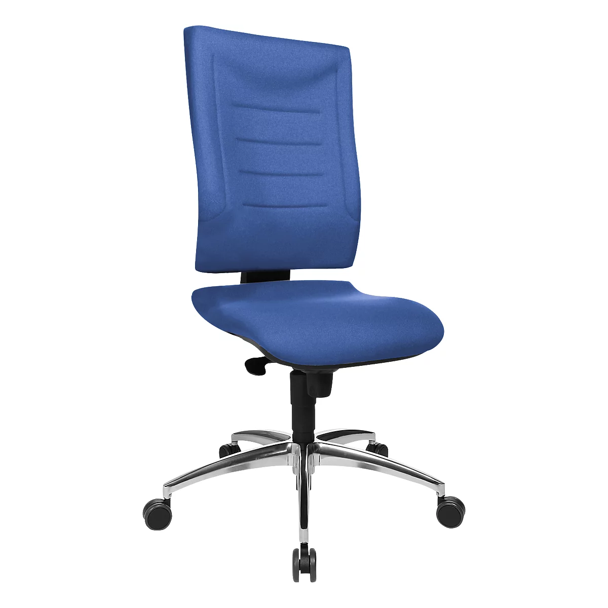 Blue office chair with padded backrest and seat, standing on castors.