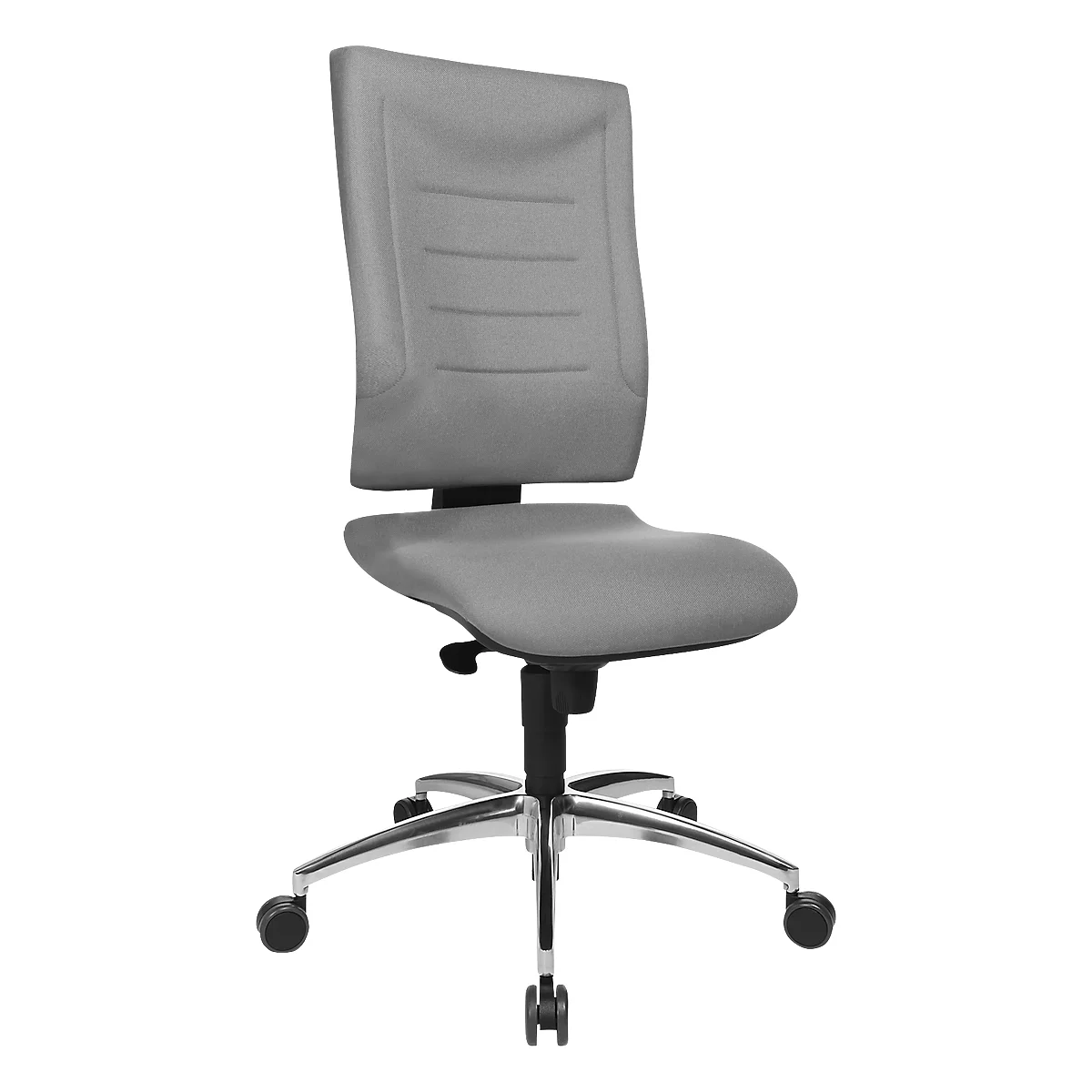 Gray office chair with armrests on rollers. Backrest with horizontal lines, curved seat.