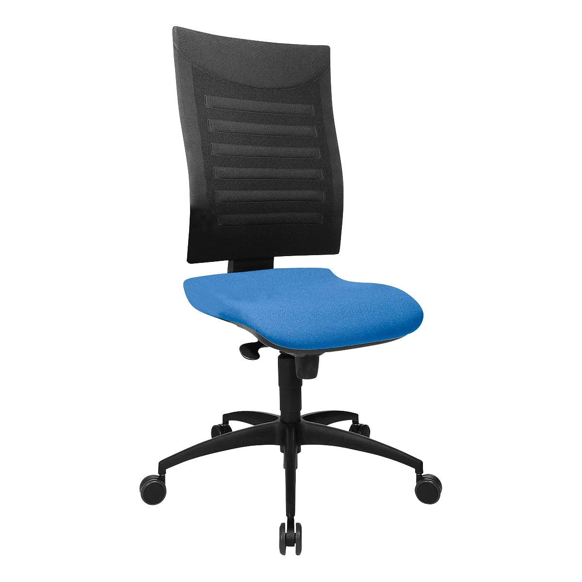 Office chair with blue seat and black mesh backrest. The chair has a black frame with wheels.