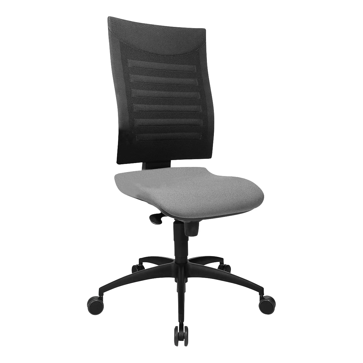Office chair with a grey seat and black mesh back. The frame is black, with wheels.