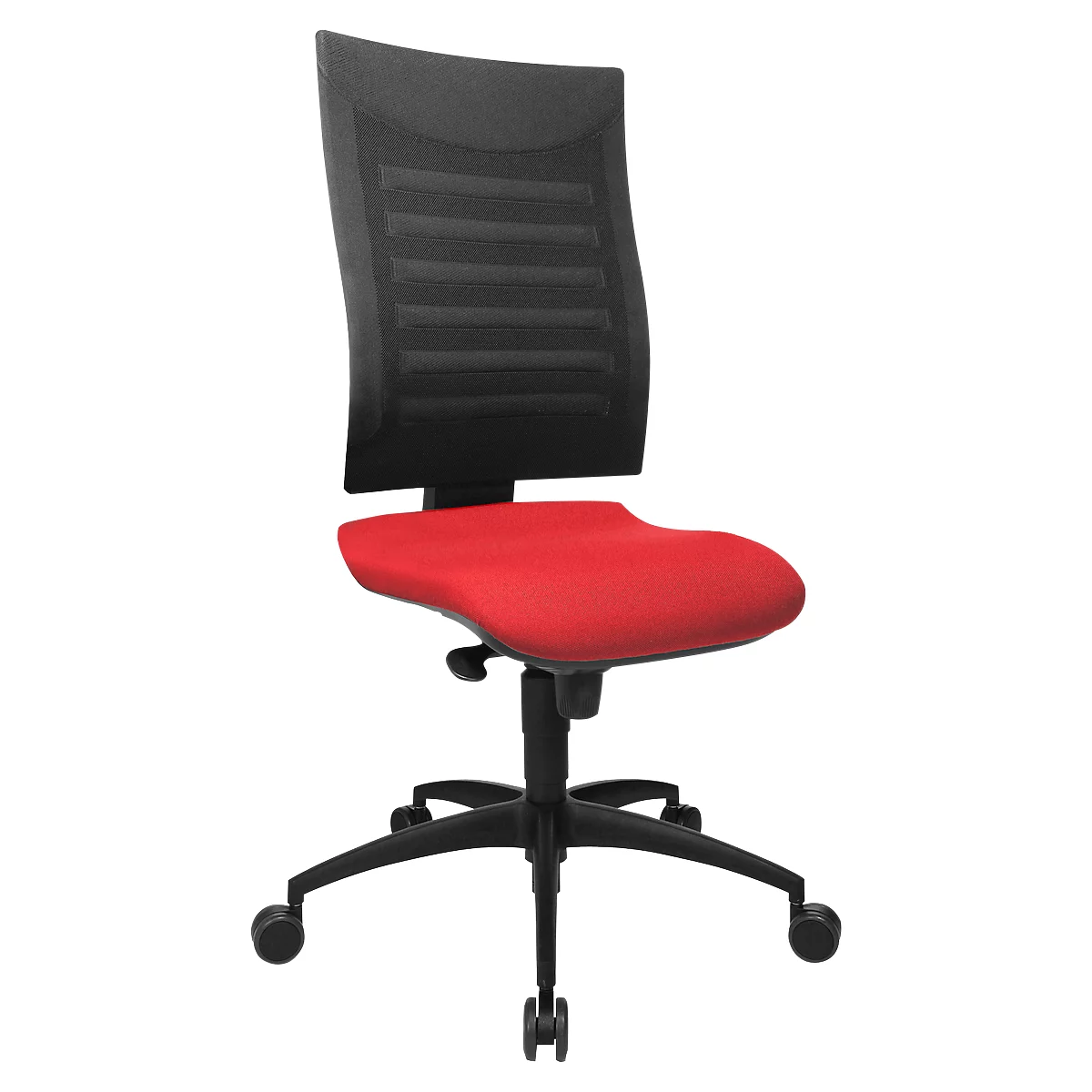 Office chair with red seat and black backrest. The chair has a black frame and castors.