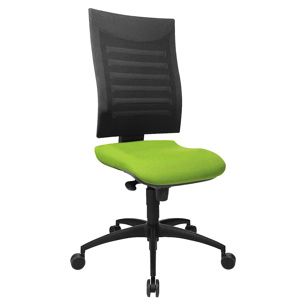 Office chair with black back, green seat and wheels.