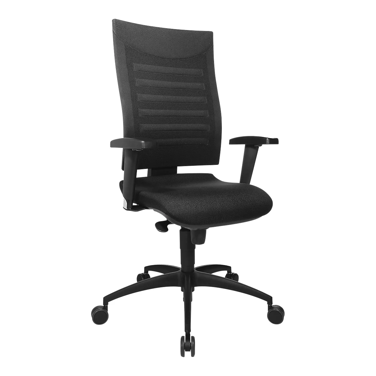 Black office chair with mesh back, armrests and castors, against a white background.