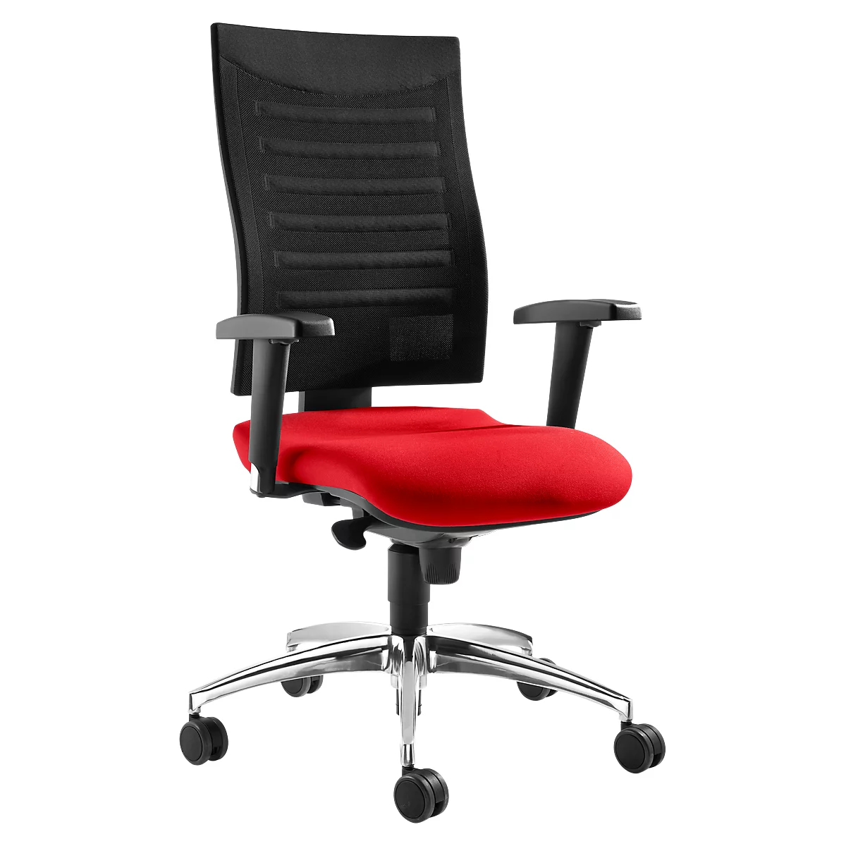 Office chair with black mesh back and red seat. On a silver base with wheels.