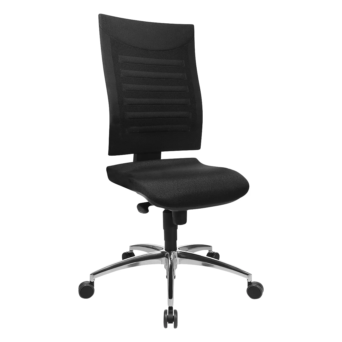Black office chair with mesh backrest and five wheels.