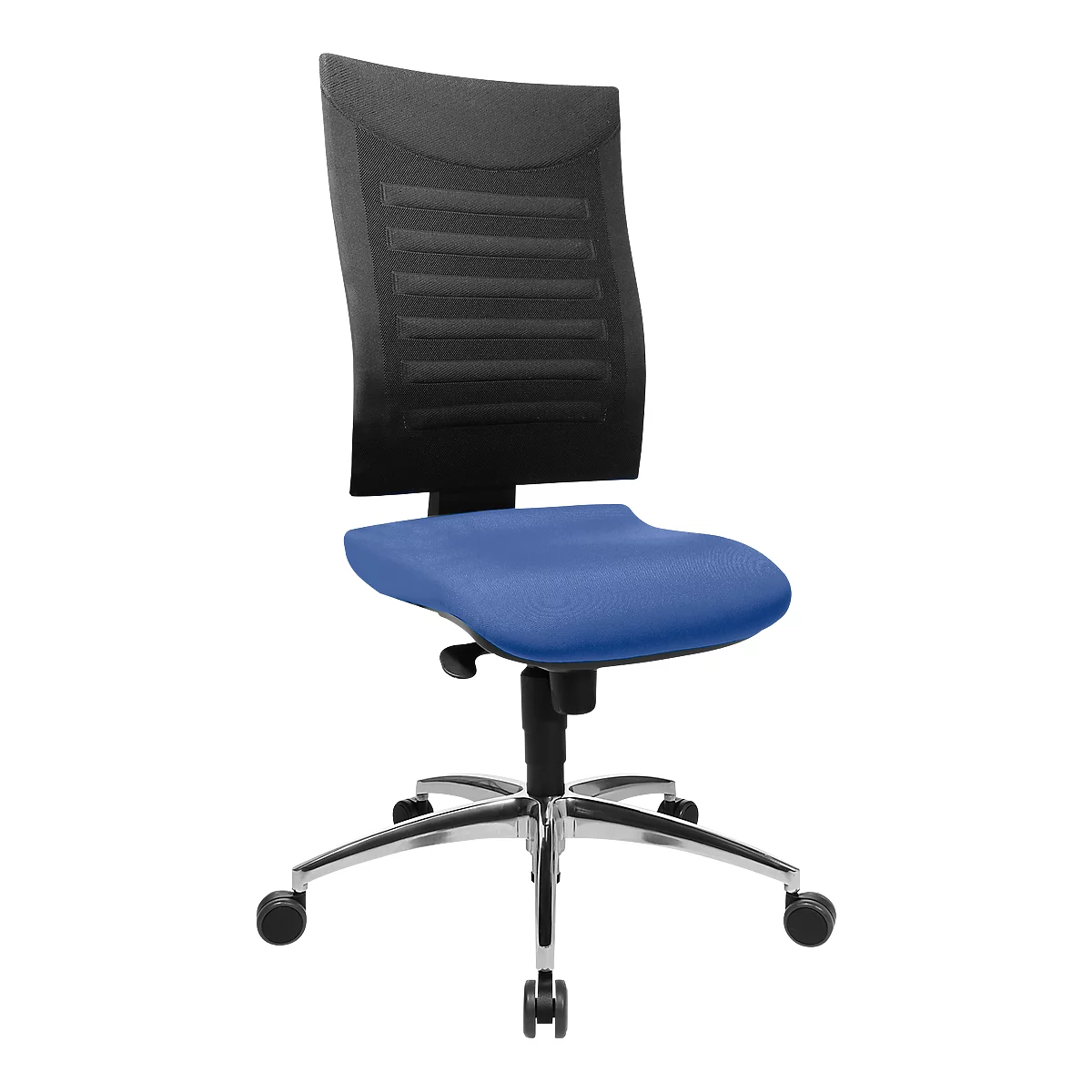 Office chair with blue seat and black mesh back on wheels.