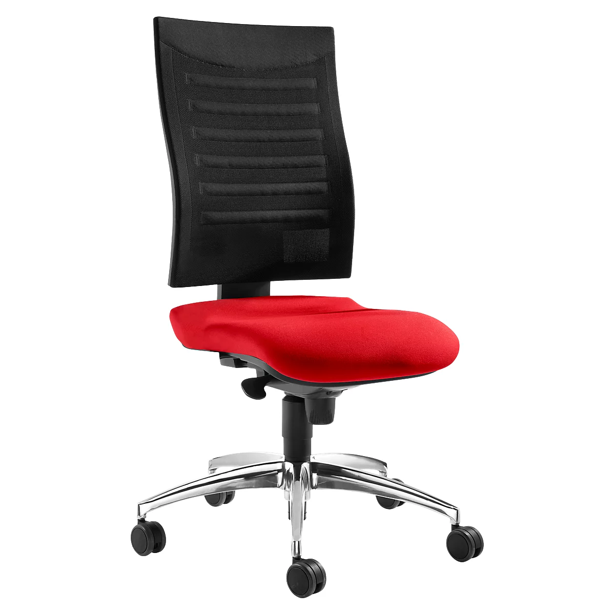 Office chair with black mesh back, red seat, and chrome frame.