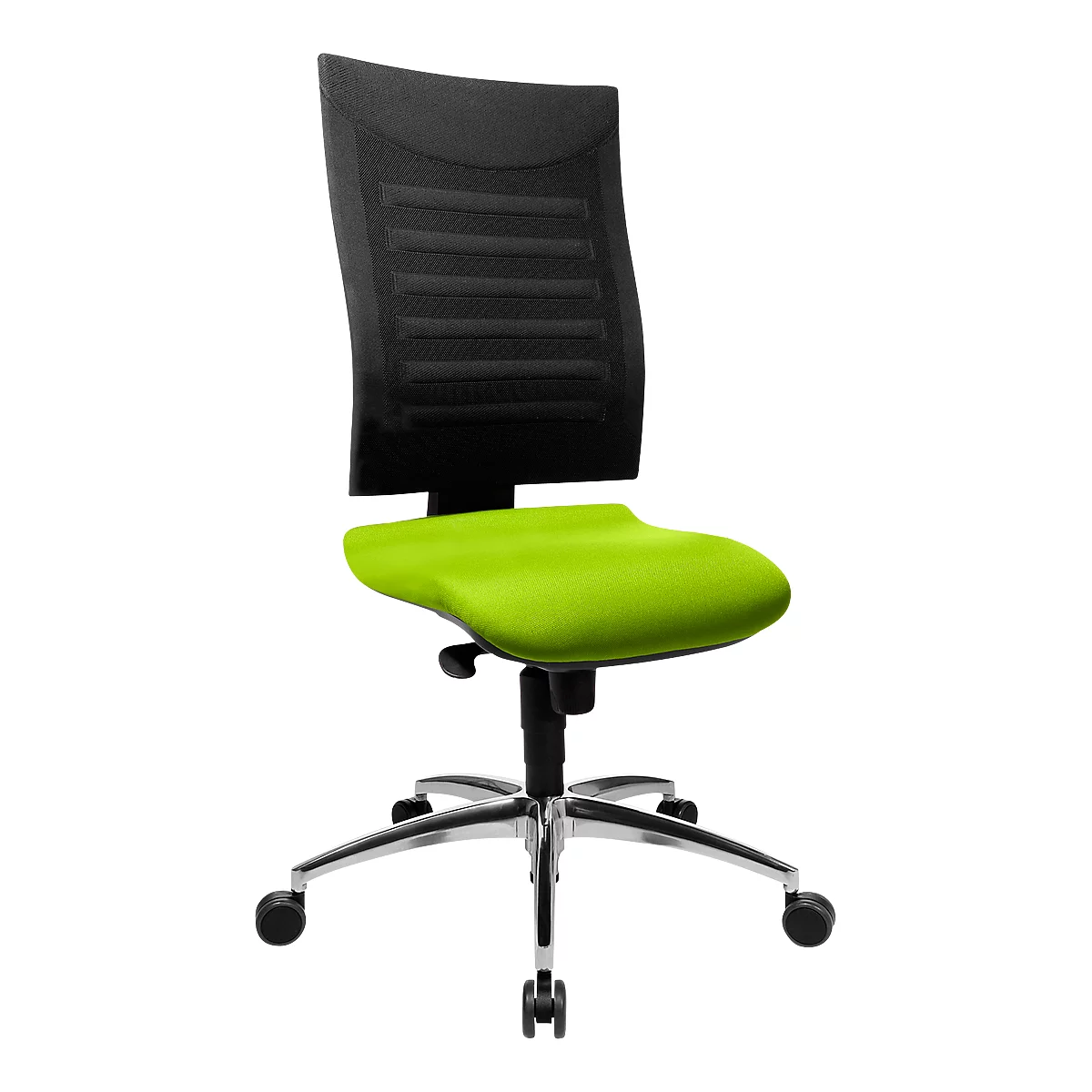 Office chair with green seat, black backrest, and silver frame.