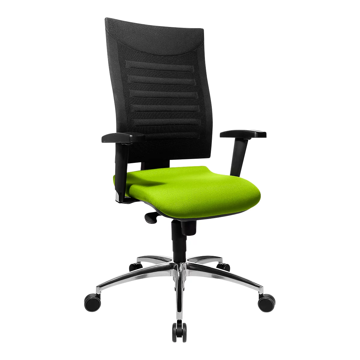 Office chair with black backrest and green seat. Black armrests, silver frame and castors.