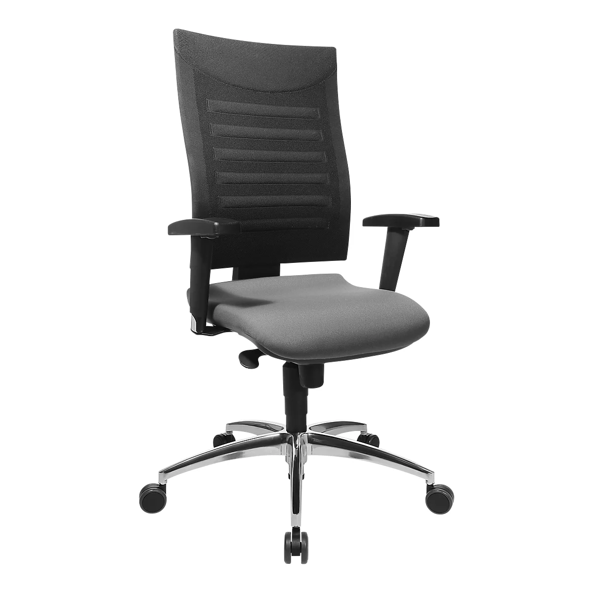 Gray and black office chair with mesh back, armrests and castors. Metal base.