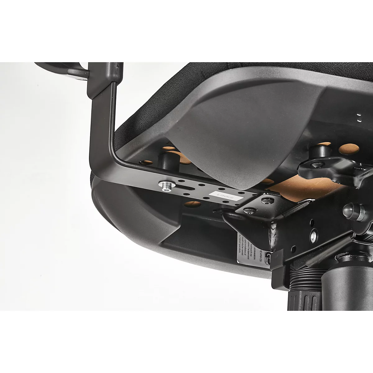 Close-up of the underside of a black office chair. The chair is made of metal and plastic, with screws attached.