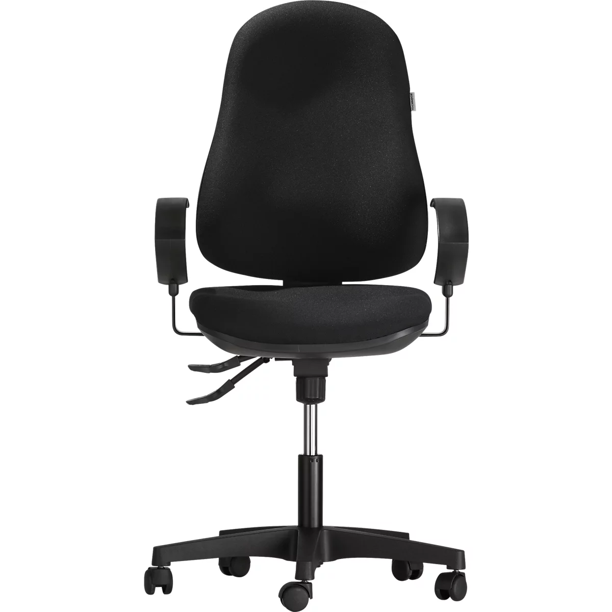 Black office chair, front view. Padded backrest, seat and armrests. Five-foot base with castors.