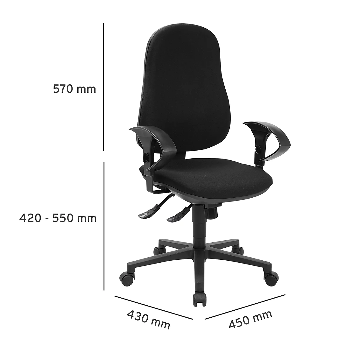 Black office chair with armrests, dimensions: 430x450x570mm, seat height 420-550mm. On a white background.