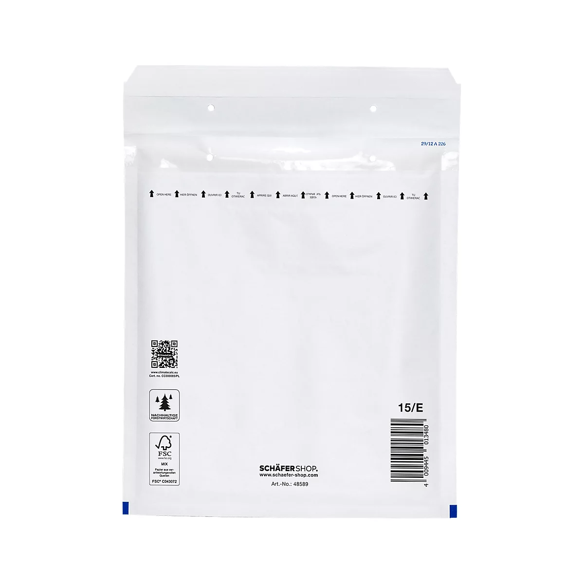 White shipping bag with barcode, company logo and markings.