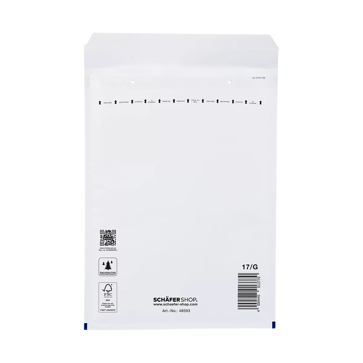 A white, rectangular envelope with black printing, barcode and brand logo.