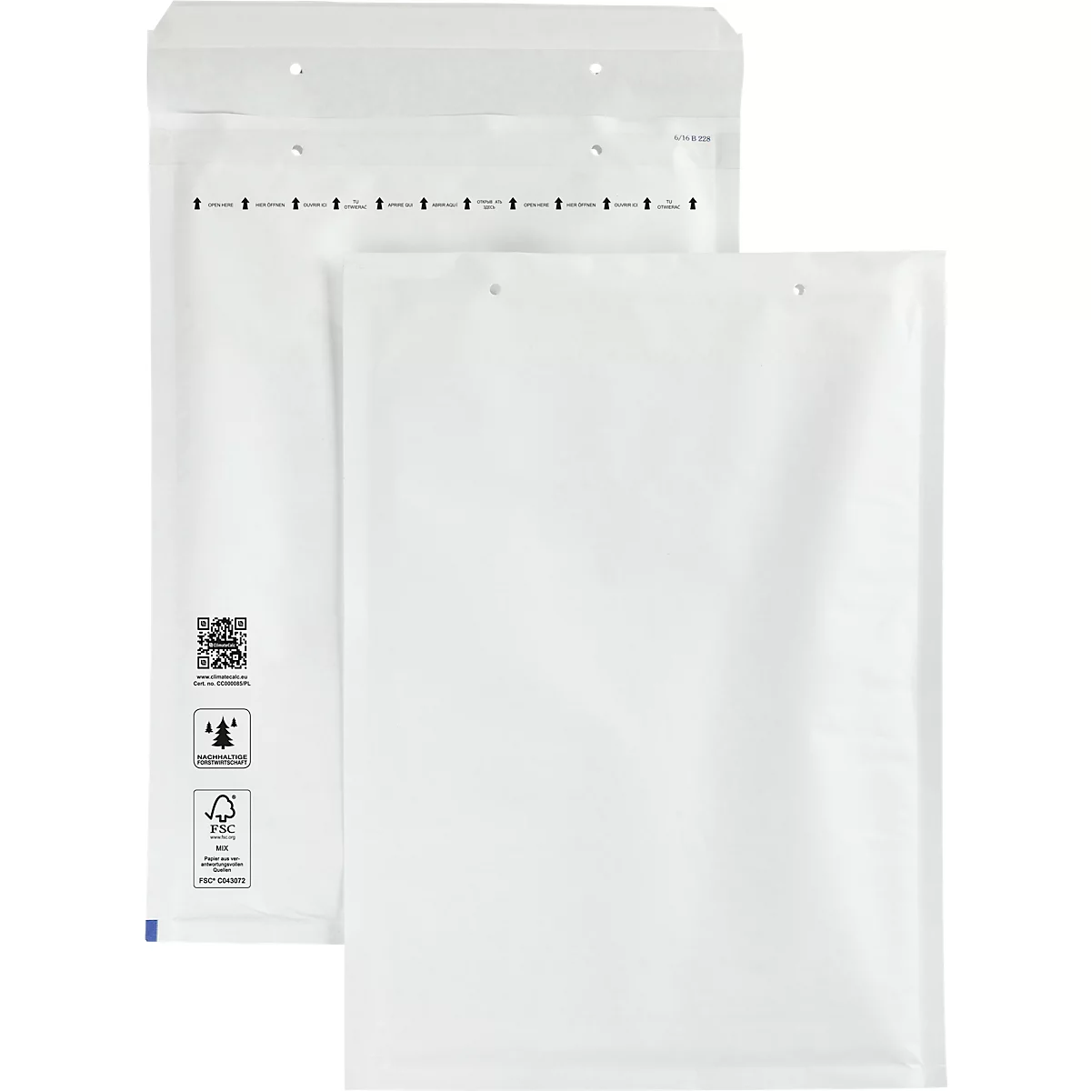 Two white shipping bags. One is open, the other closed. On the left side are symbols and a QR code.