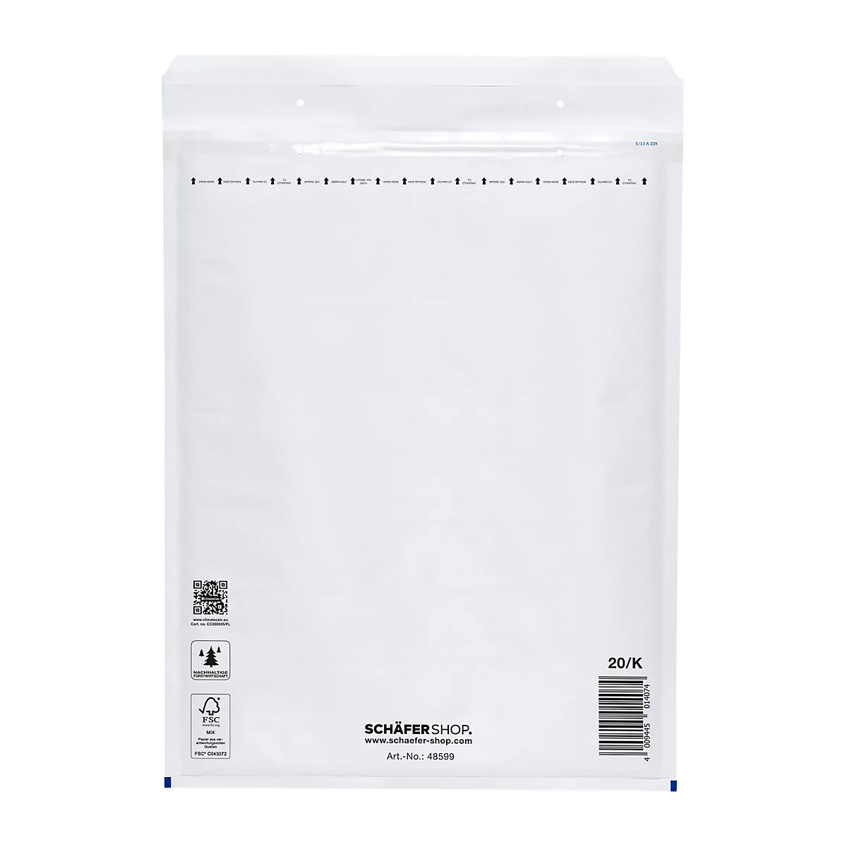White bubble wrap envelope with black marking. Print: Schäfer Shop, barcode, FSC seal.
