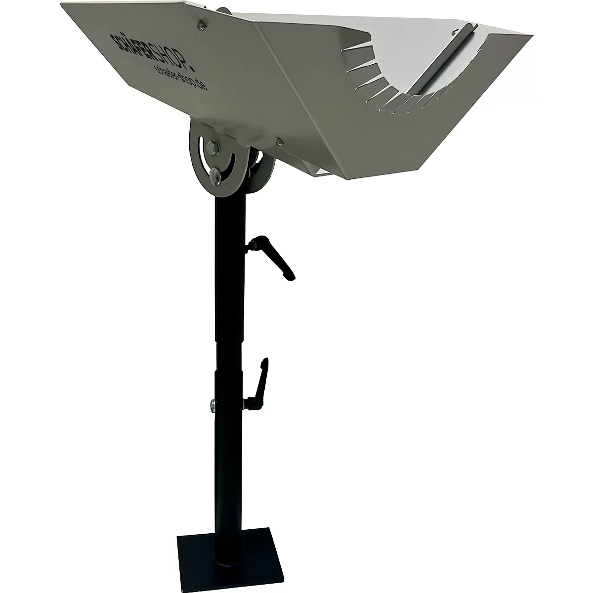 Metalen boomstandaard met verstelbare hoogte, een gebogen grijze bovenkant en zwarte standaard.