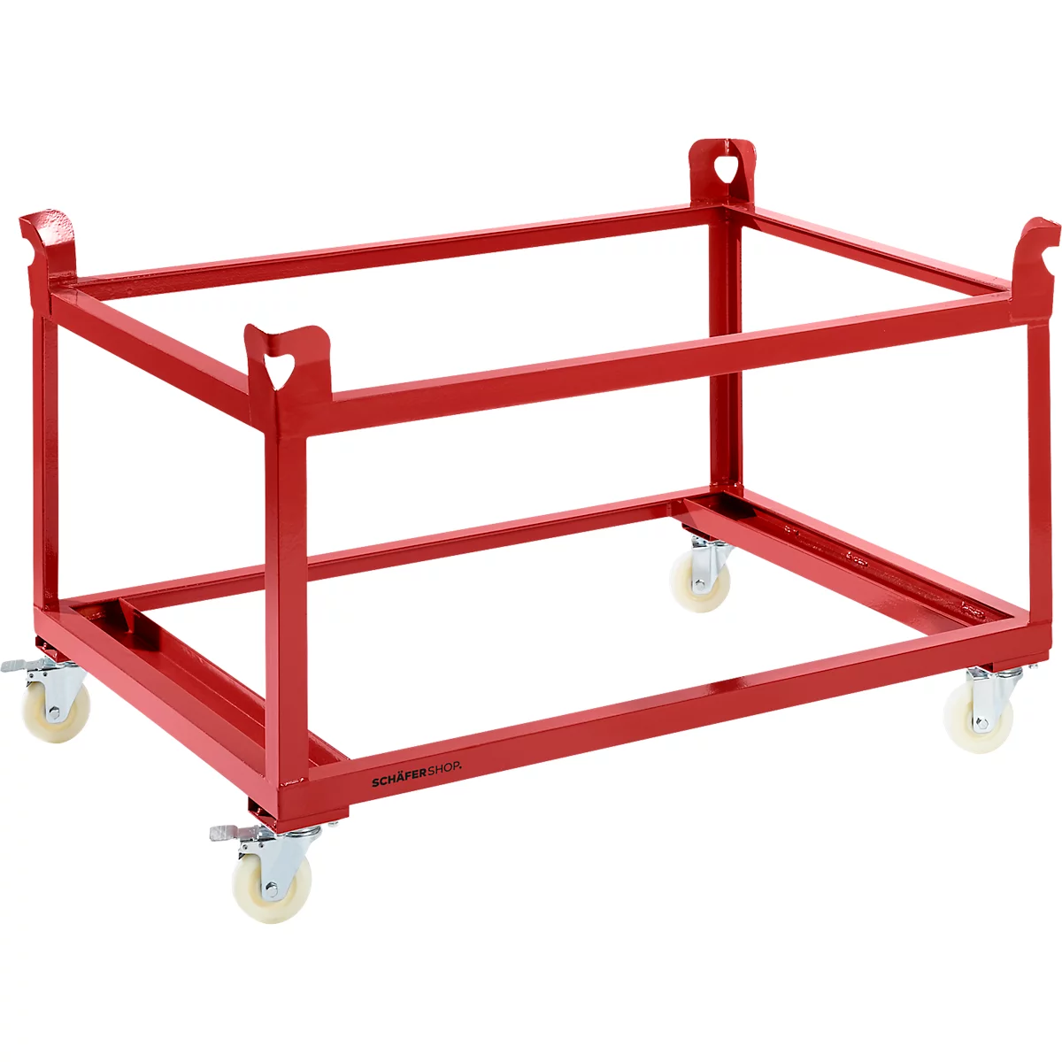 A red, rolling metal frame with four wheels.
